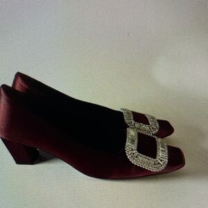 Clarks Burgundy Satin Heels with Embellished Buckle
